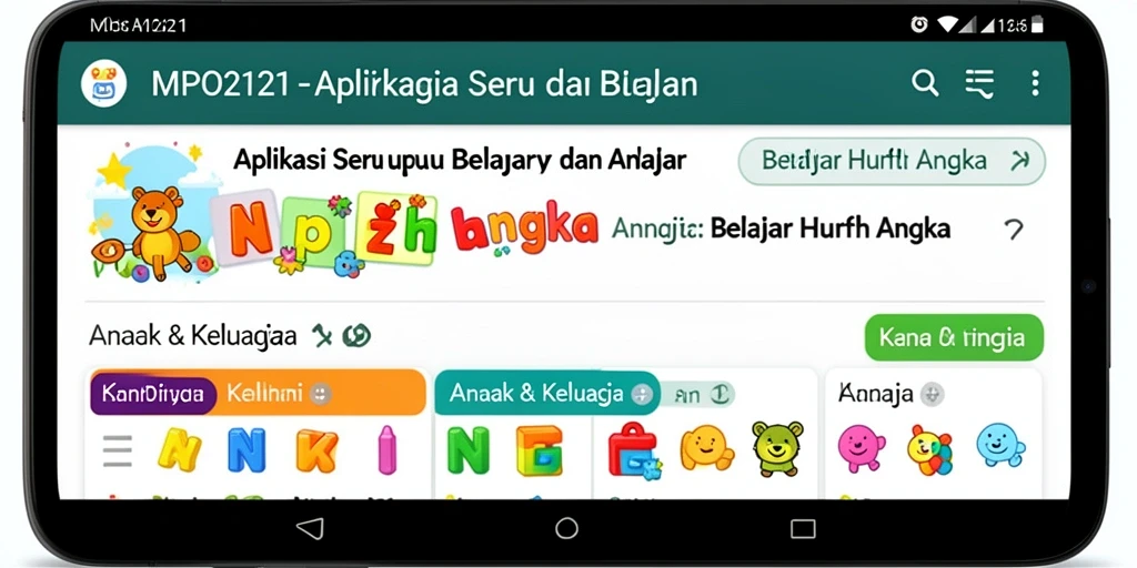 Tampilan antarmuka aplikasi MPO2121 untuk belajar huruf dan angka.