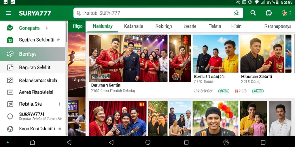 Antarmuka aplikasi SURYA777 menampilkan berita selebriti terbaru.
