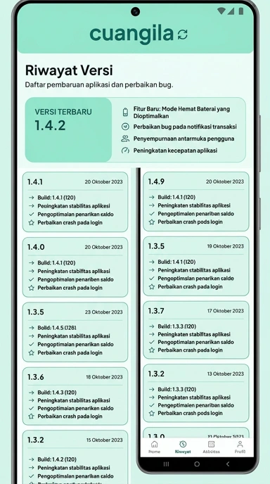Tampilan riwayat versi cuangila